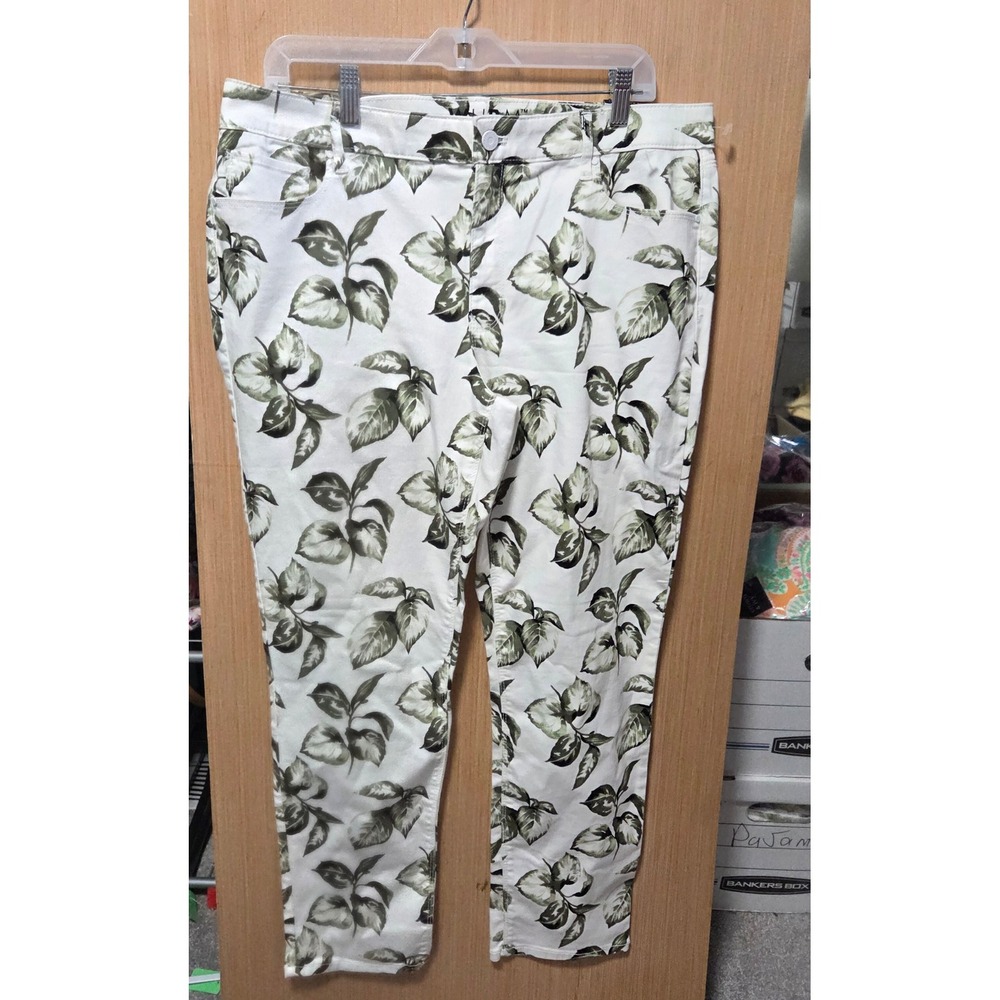 WHBM Size 14 Ladies Floral Print Denim Pants Mid-Rise Slim Fit White Green‎